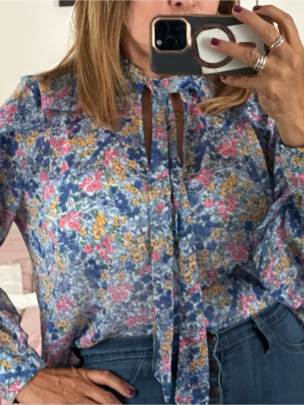 Zara Floral Tie-Neck Blouse — Blue Multicolor